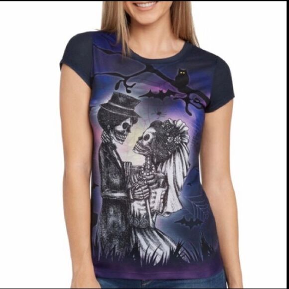 Skeleton Bride & Groom Gothic Halloween Dia de los Muertos Tee Sz L NWT - Picture 13 of 13